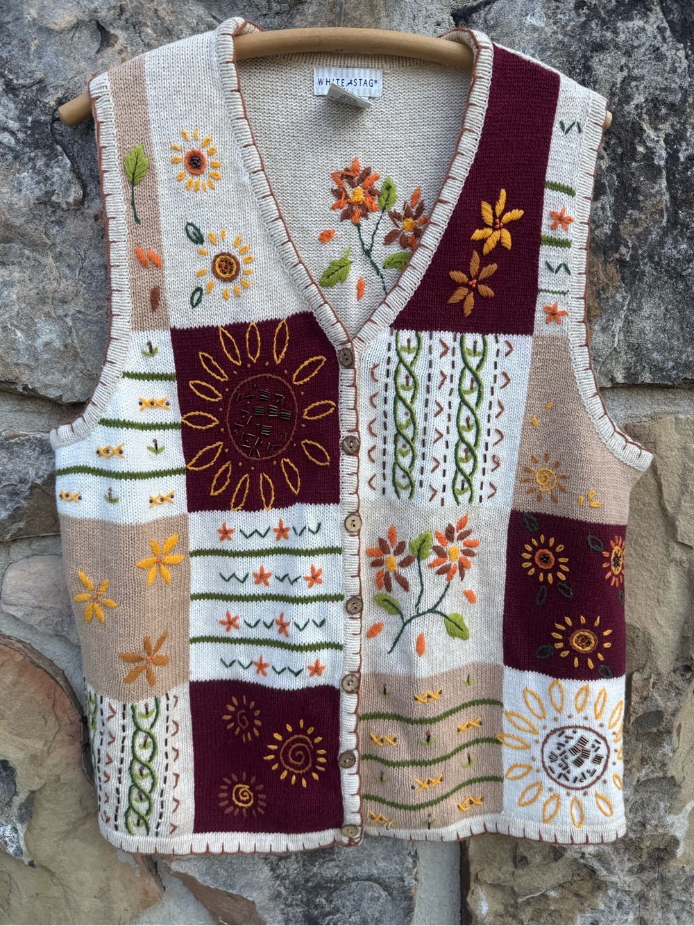 White Stag XL Y2K Embroidered Patchwork Sweater Vest Teacher Cottagecore